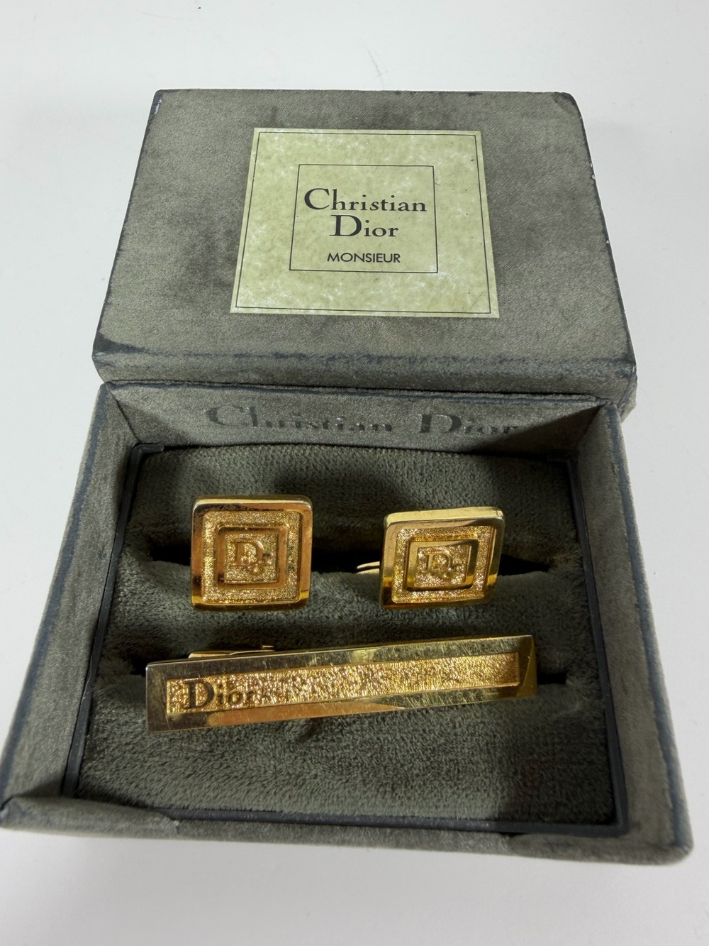 9013: Vintage Christian Dior Monsieur Gold-Tone Cufflinks & Tie Bar Set Germany